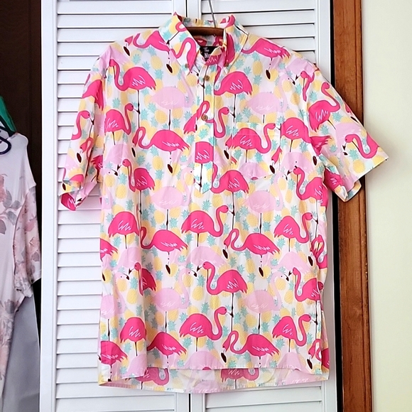 The Nutter Made in the USA Flamingo/Pineapple Collared Tee Shirt - Picture 1 of 7